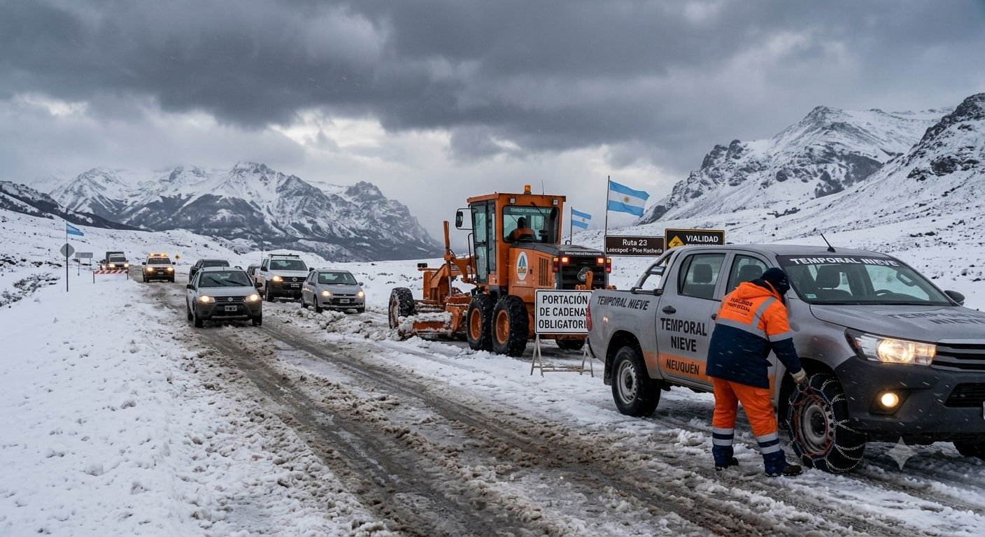 Alerta por fuertes nevadas en Neuquén: rutas cortadas, cadenas obligatorias y pasos cerrados